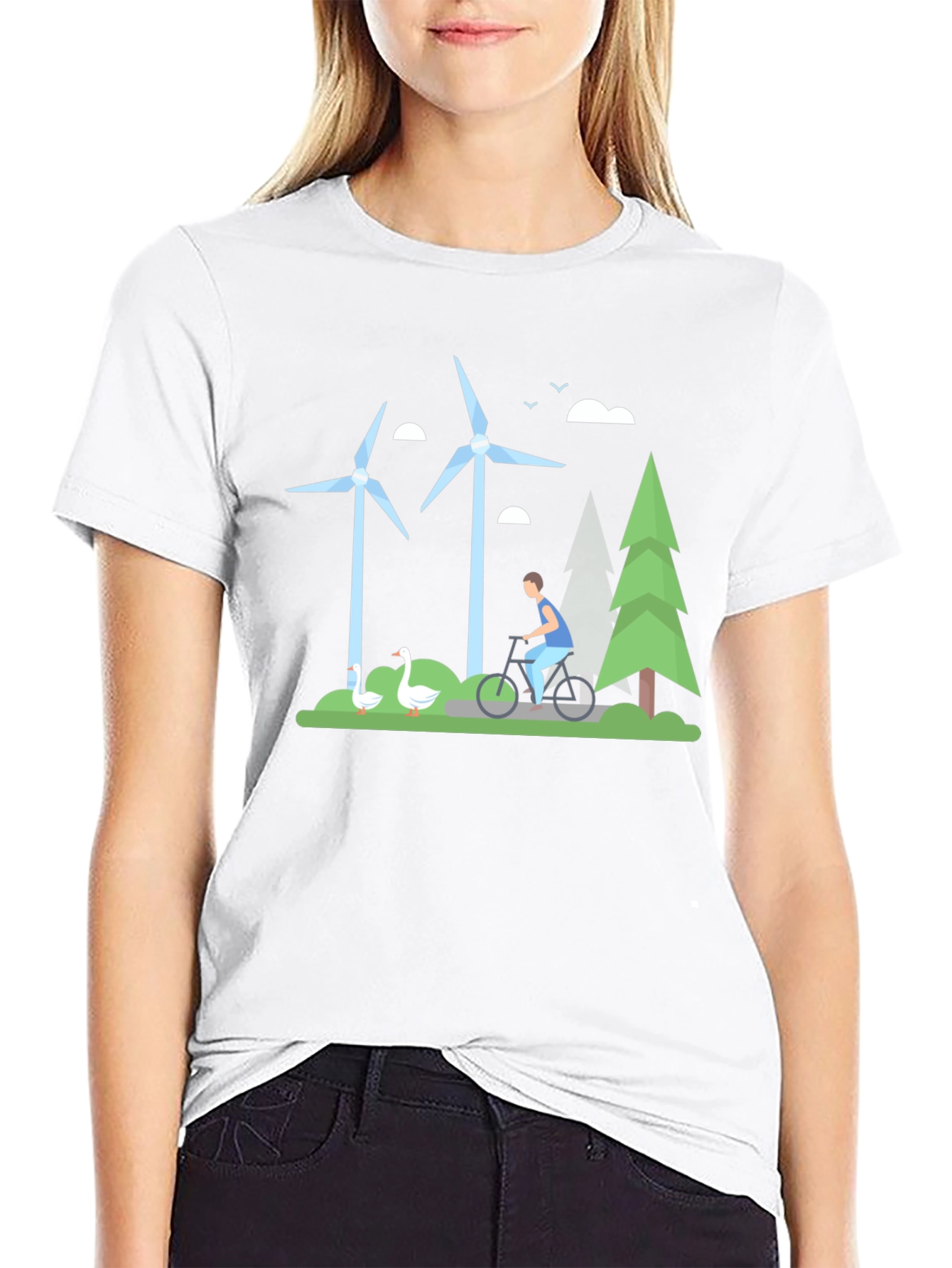 Eco-Friendly T-Shirt with Windmill & Cyclist Graphic