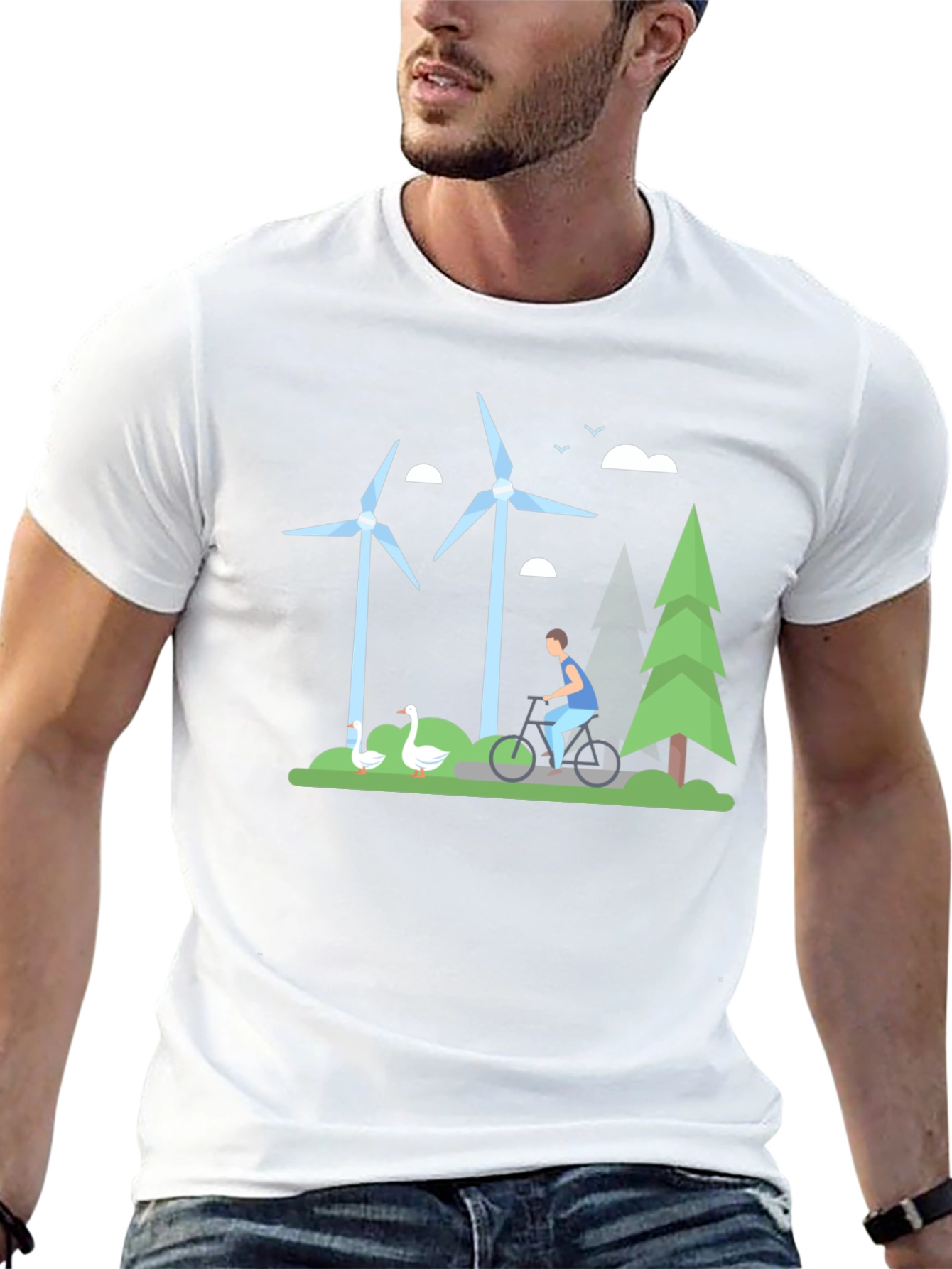 Eco-Friendly T-Shirt with Windmill & Cyclist Graphic